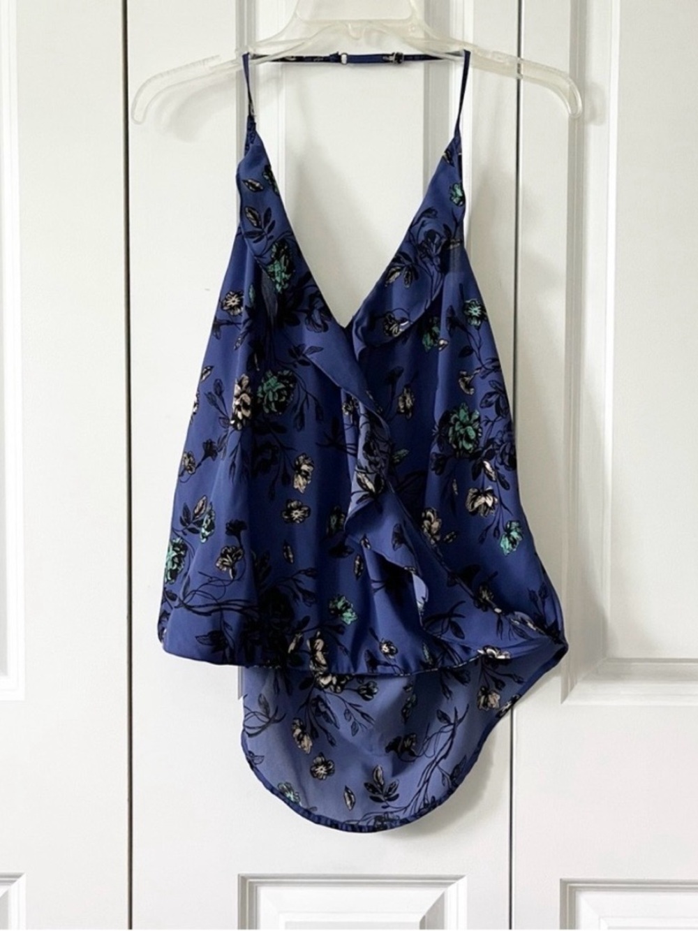 Astr Floral Ruffle V-Neck Cami - Navy with Teal Accents